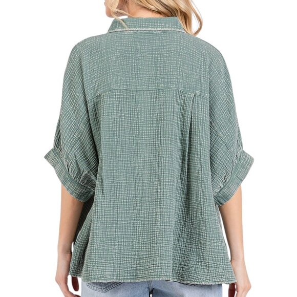 Green Mineral Wash Dolman Sleeve Button Down Womens Shirt - Picture 5 of 5